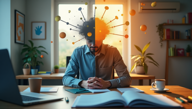 Koncentracja i rozproszenie uwagi ADHD u dorosłych: kompleksowy przewodnik po diagnostyce i leczeniu — Dorosły mężczyzna siedzący przy biurku z laptopem i otwartym notesem, otoczony symboliczną siecią rozproszonych