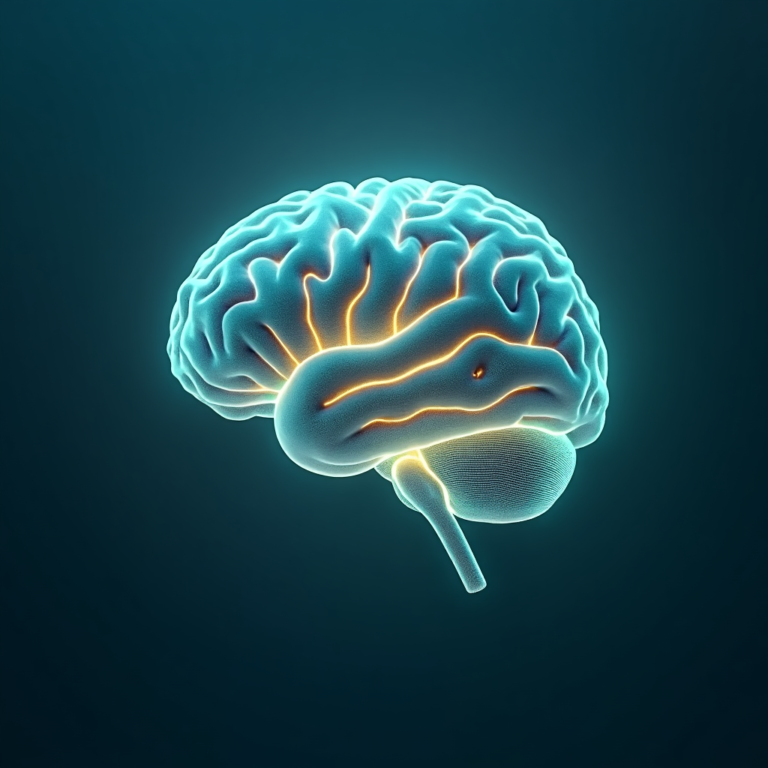 Zdrowie psychiczne Podświetlony neonowymi liniami mózg na ciemnym tle, symbolizujący zdrowie psychiczne i wsparcie psychiatryczne