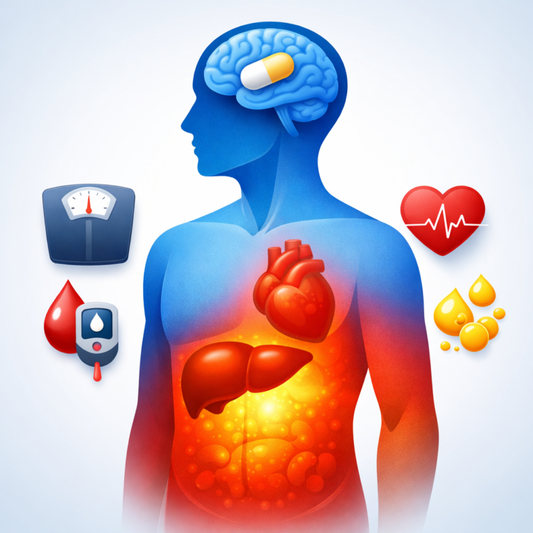 Metaboliczne powikłania farmakoterapii Metaboliczne powikłania farmakoterapii w psychiatrii: sylwetka człowieka z mózgiem i kapsułką oraz symbolami zaburzeń metabolicznych