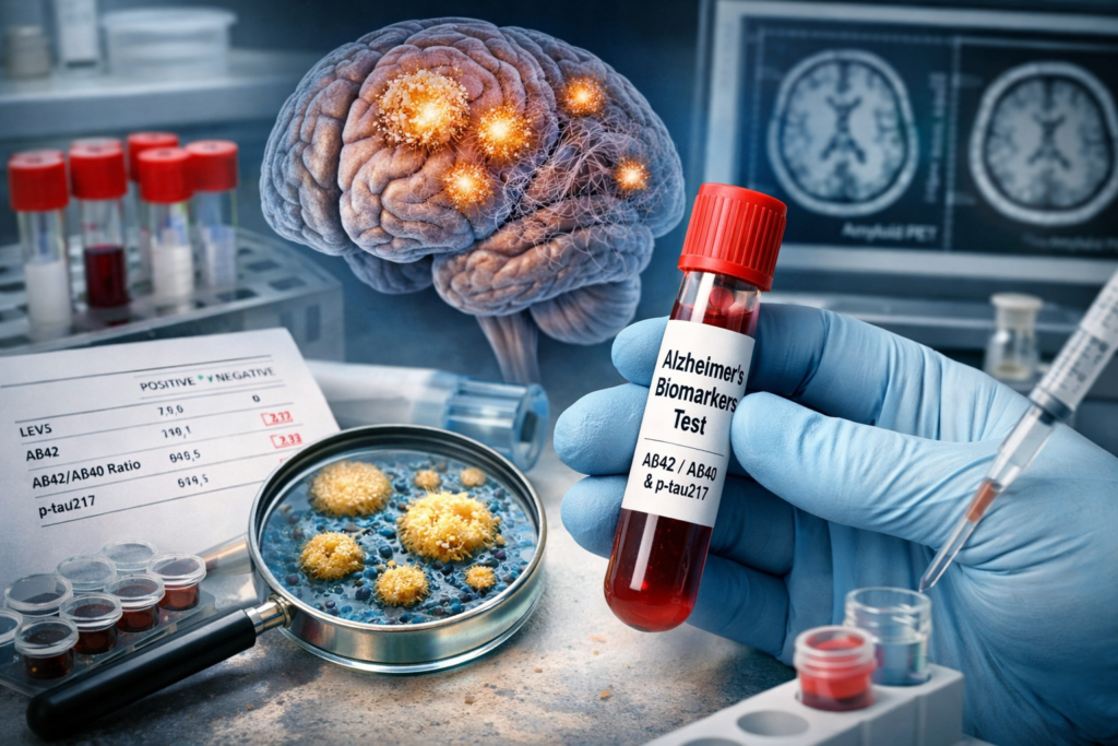 Badanie krwi na Alzheimera: amyloid i diagnostyka — probówka z opisem biomarkerów na tle mózgu i laboratorium