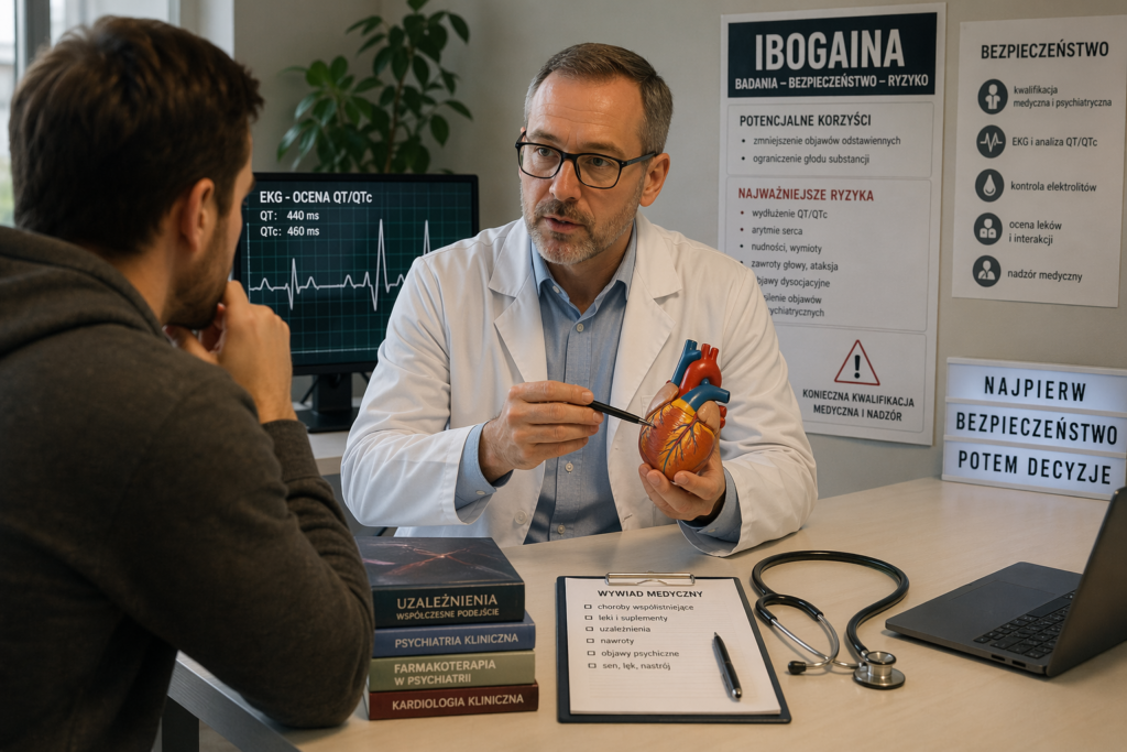 Ibogaina – współczesne badania, zalecenia terapeutyczne i objawy — Konsultacja medyczna dotycząca ibogainy, jej potencjalnych zagrożeń oraz objawów niepożądanych; lekarz omawia mod