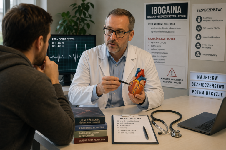 Konsultacja dotycząca ibogainy Ibogaina – współczesne badania, zalecenia terapeutyczne i objawy — Konsultacja medyczna dotycząca ibogainy, jej potencjalnych zagrożeń oraz objawów niepożądanych; lekarz omawia mod
