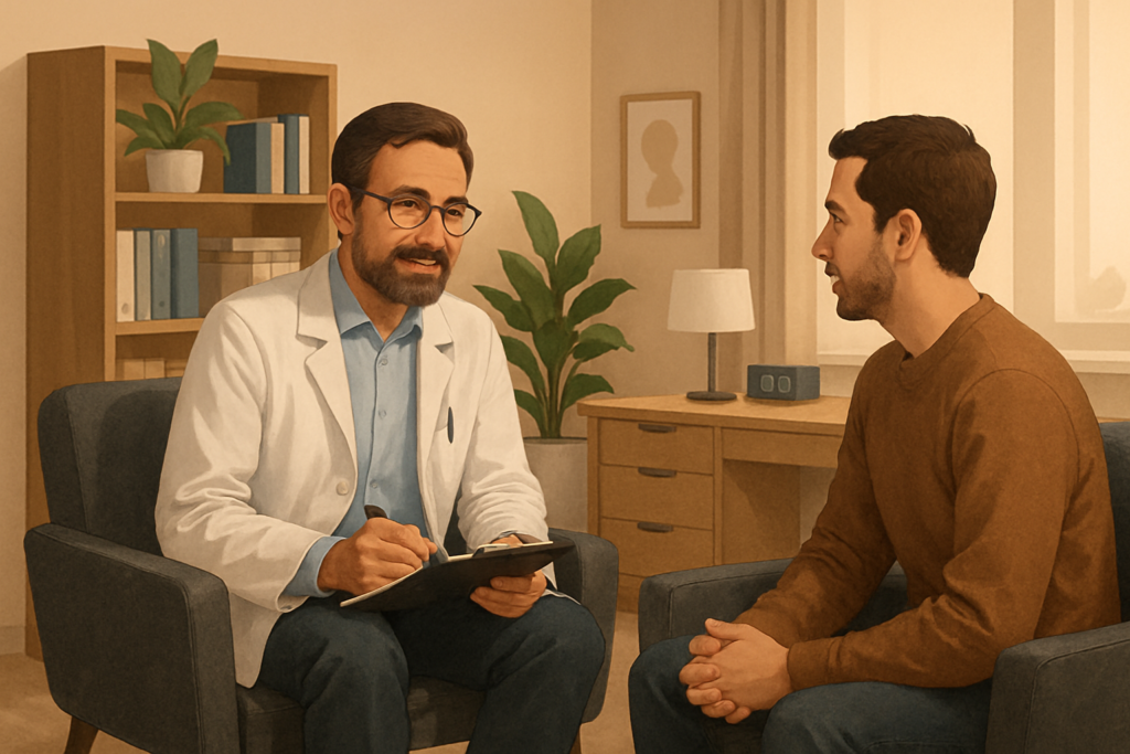 pierwsza wizyta u psychiatry — Pacjent rozmawia z psychiatrą podczas konsultacji w gabinecie
