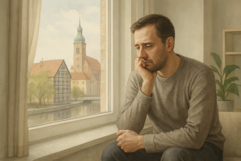 Zamyślony mężczyzna siedzący przy oknie; za szybą widać historyczną zabudowę i wieżę kościoła.