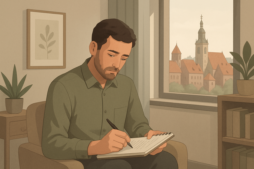 jak opisać psychiatrze objawy zmęczenia — Mężczyzna zapisuje objawy i samopoczucie w notesie, przygotowując się do rozmowy z psychiatrą o zmęczeniu