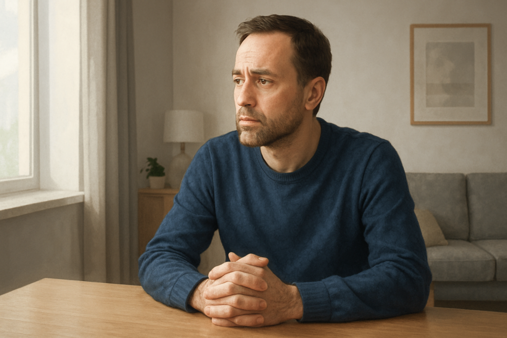 lęk utrudnia codzienne funkcjonowanie — Mężczyzna siedzi przy stole z napiętym wyrazem twarzy, ukazując niepokój utrudniający codzienne funkcjonowanie