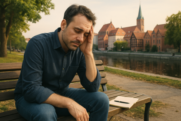 Mężczyzna siedzi zamyślony na ławce nad rzeką; obok leży otwarty notes, a w tle widać zabudowę z kościołem.