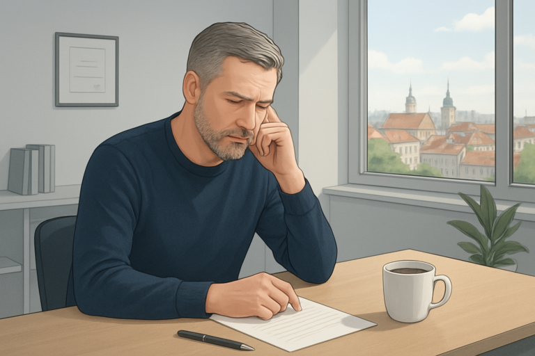 Mężczyzna przy biurku Mężczyzna siedzi przy biurku, trzyma długopis nad kartką i zamyśla się przy filiżance kawy.